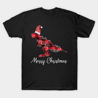 Santa T Rex Plaid Red Buffalo Dinosaur Christmas Pajamas Family T-Shirt
